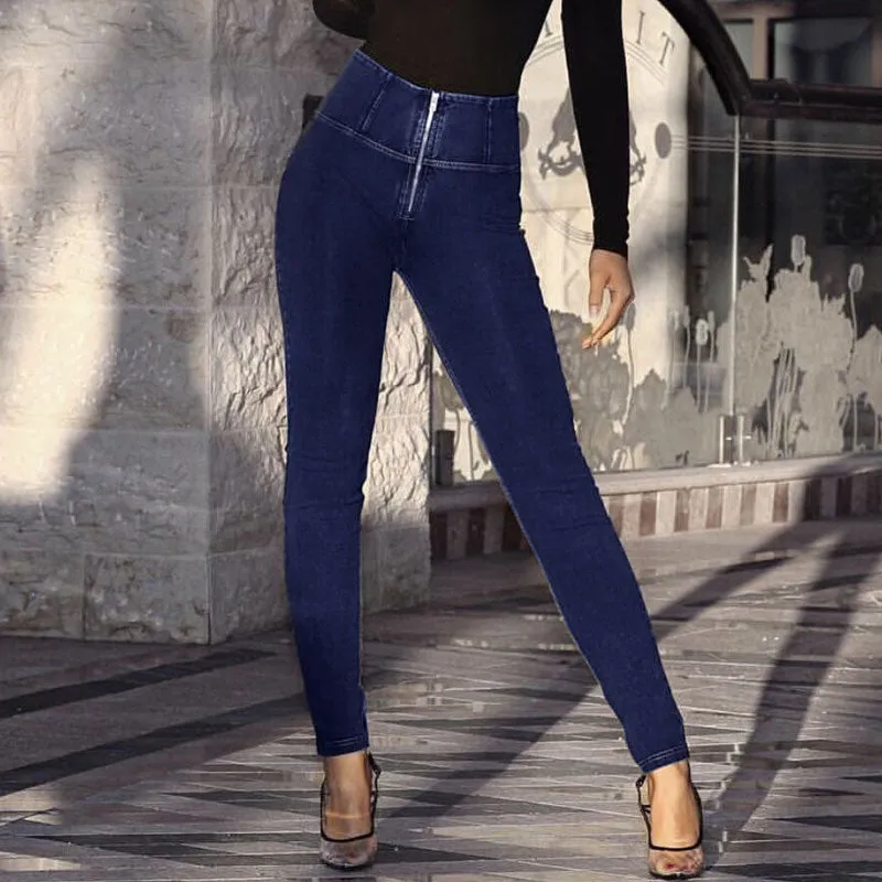 High Waist Zip Up Skinny Yoga Jeans - Dark Blue