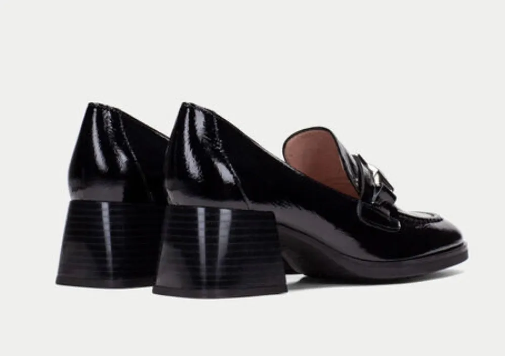 Hispanitas black patent block heeled loafer