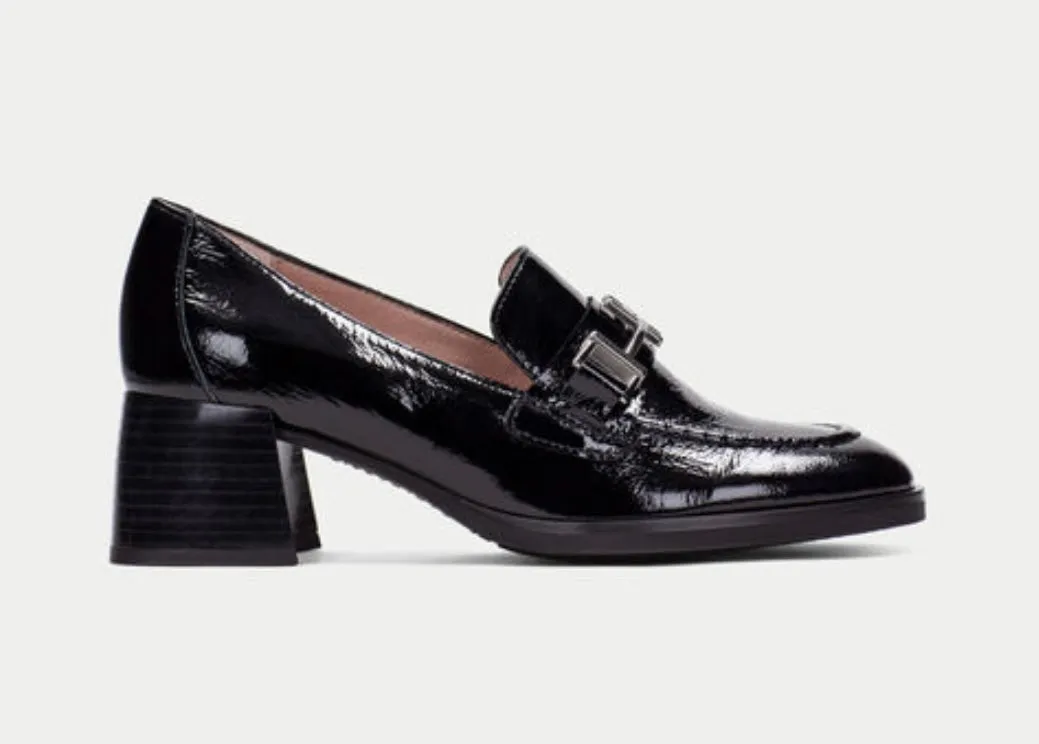 Hispanitas black patent block heeled loafer
