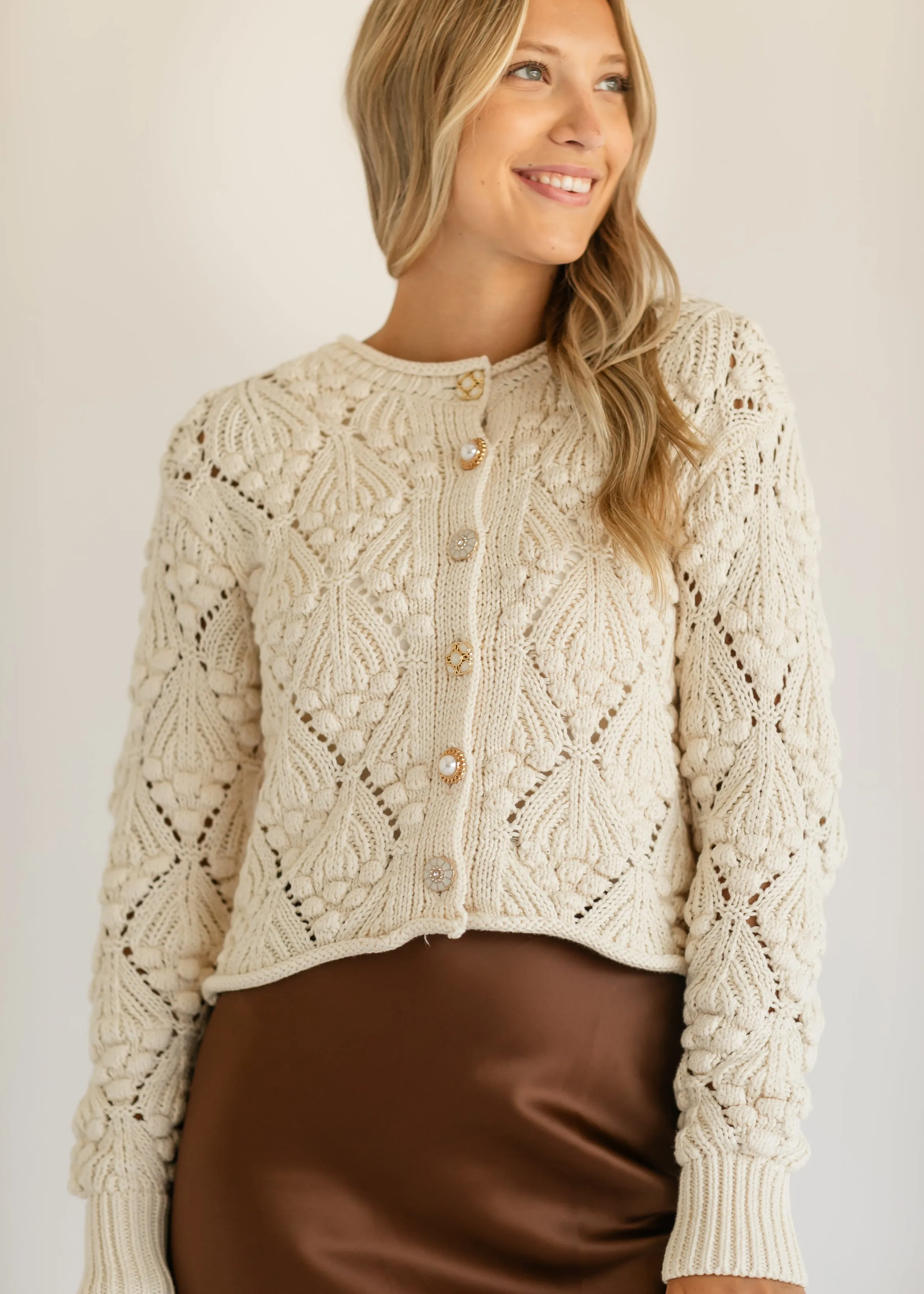 Ivory Gold Button Crochet Cardigan