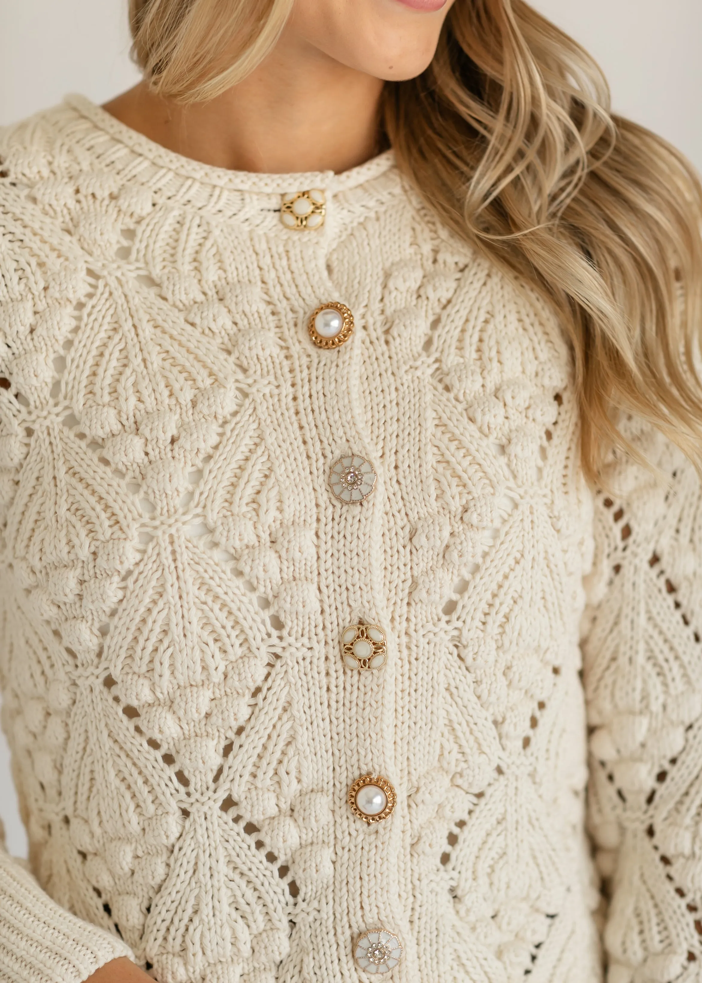 Ivory Gold Button Crochet Cardigan