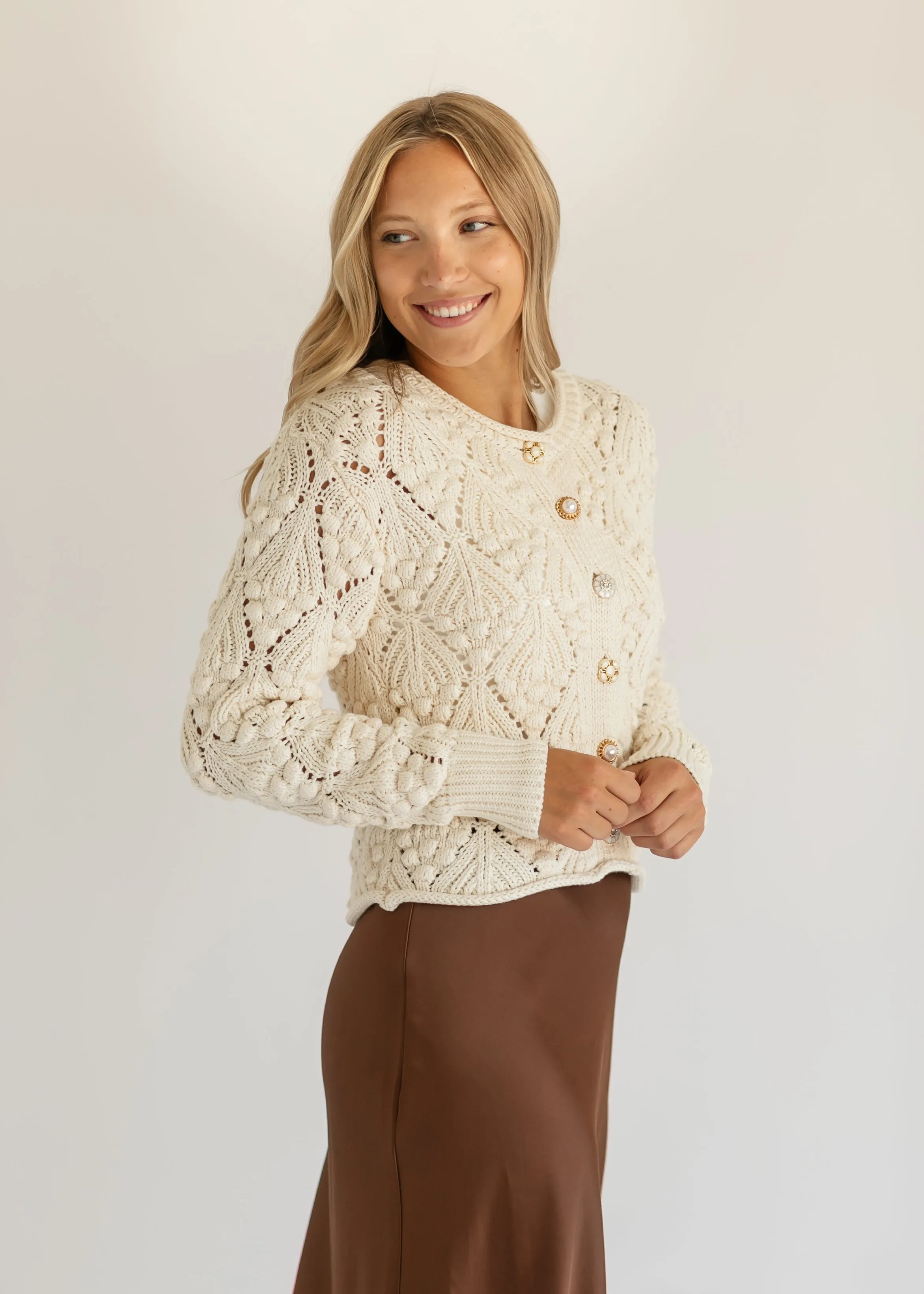 Ivory Gold Button Crochet Cardigan