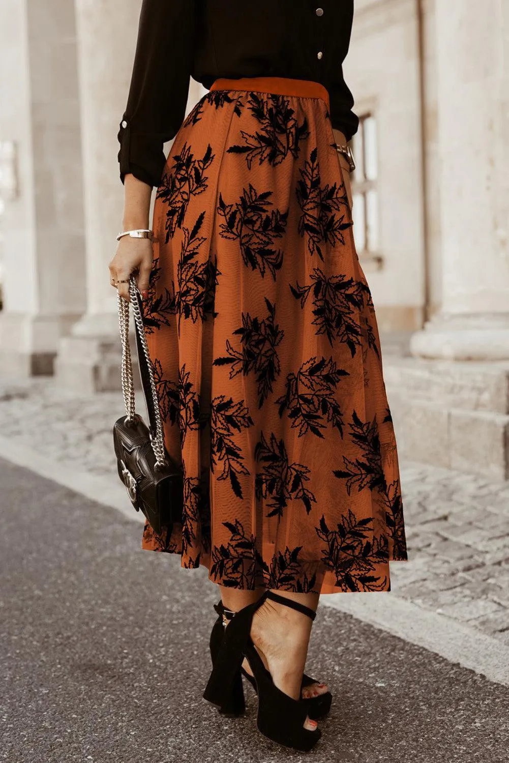 Leaf Embroidered High Waist A Line Maxi Skirt