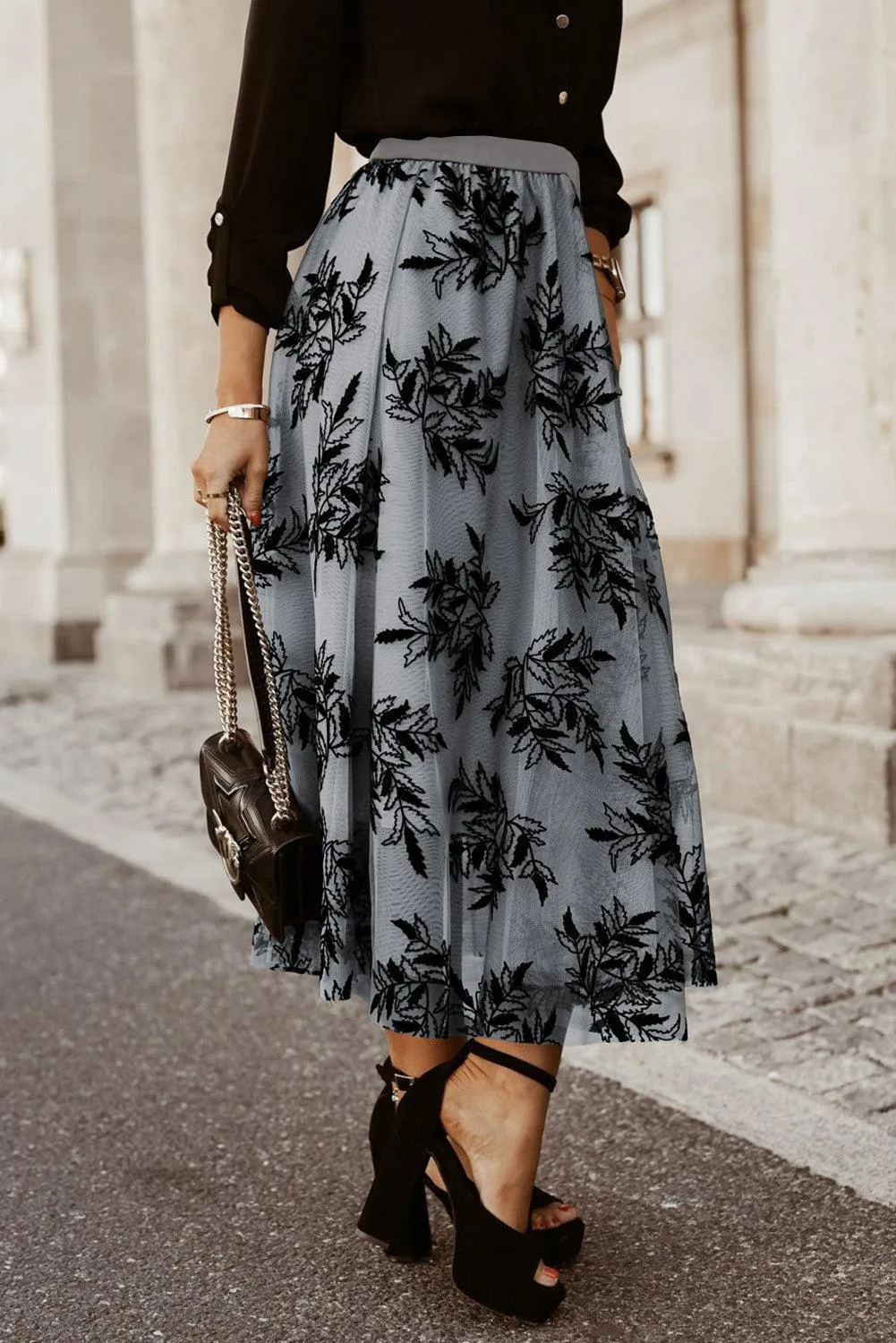 Leaf Embroidered High Waist A Line Maxi Skirt