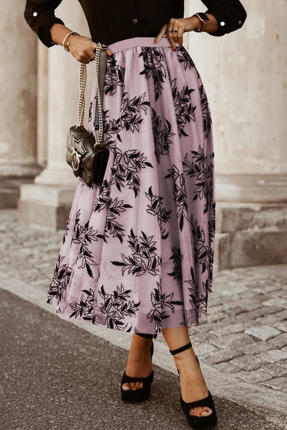 Leaf Embroidered High Waist A Line Maxi Skirt