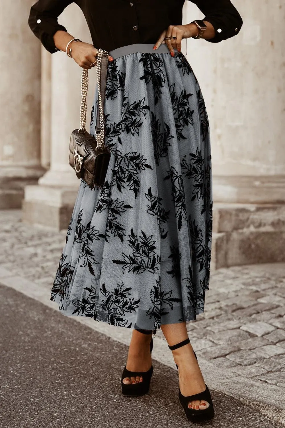 Leaf Embroidered High Waist A Line Maxi Skirt