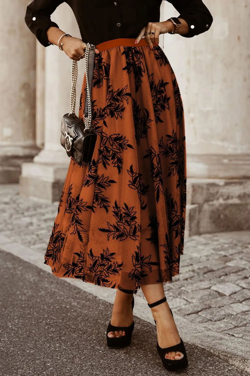 Leaf Embroidered High Waist A Line Maxi Skirt