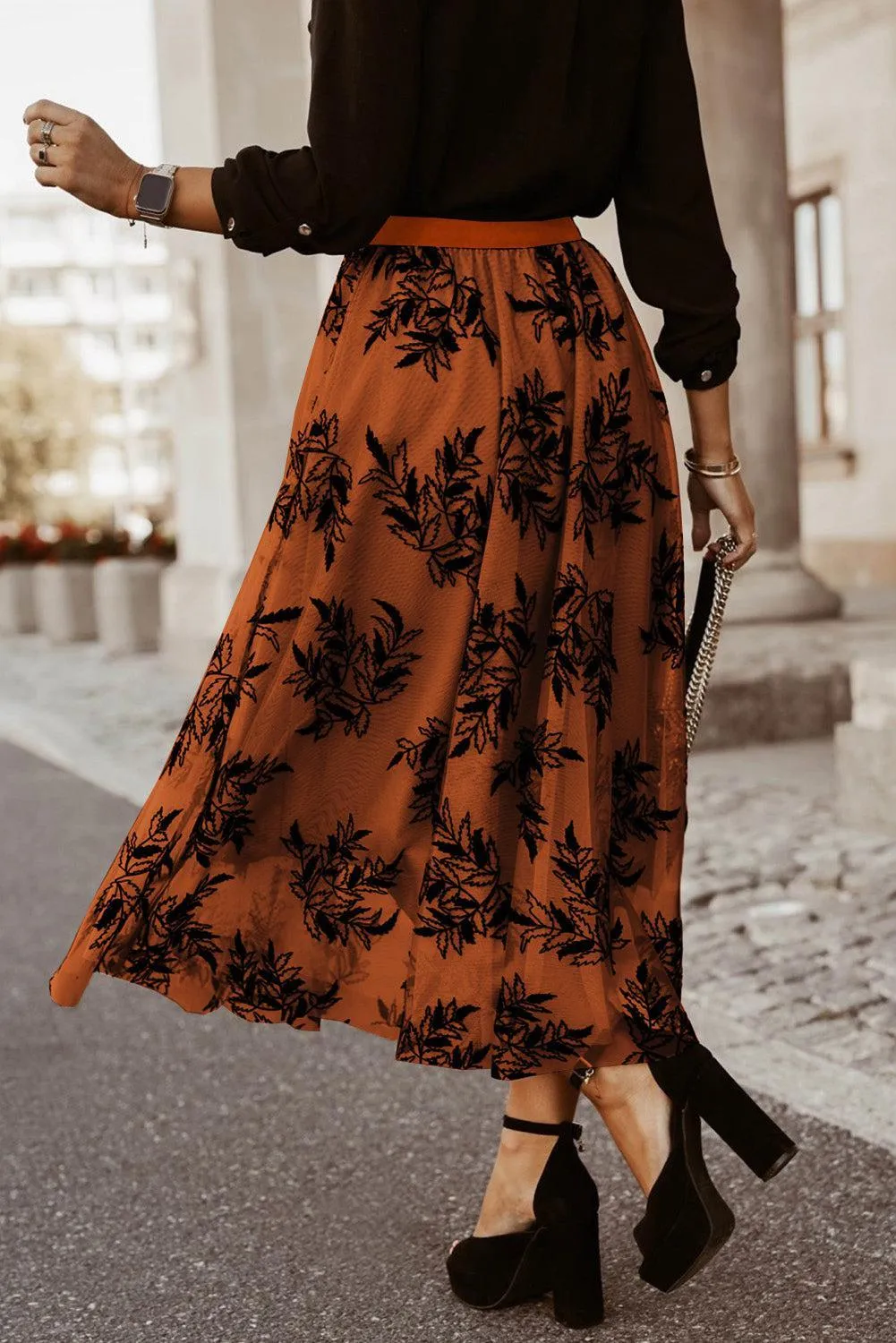 Leaf Embroidered High Waist A Line Maxi Skirt
