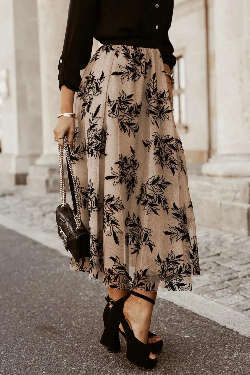 Leaf Embroidered High Waist A Line Maxi Skirt