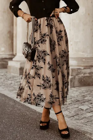 Leaf Embroidered High Waist A Line Maxi Skirt
