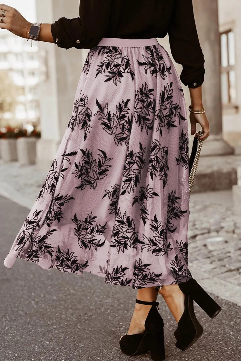 Leaf Embroidered High Waist A Line Maxi Skirt