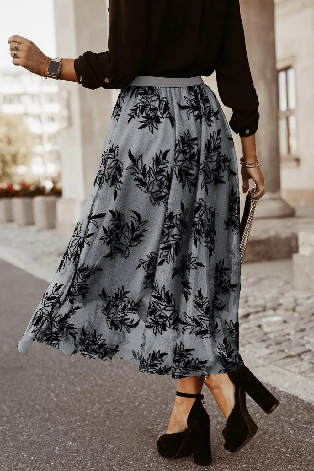 Leaf Embroidered High Waist A Line Maxi Skirt