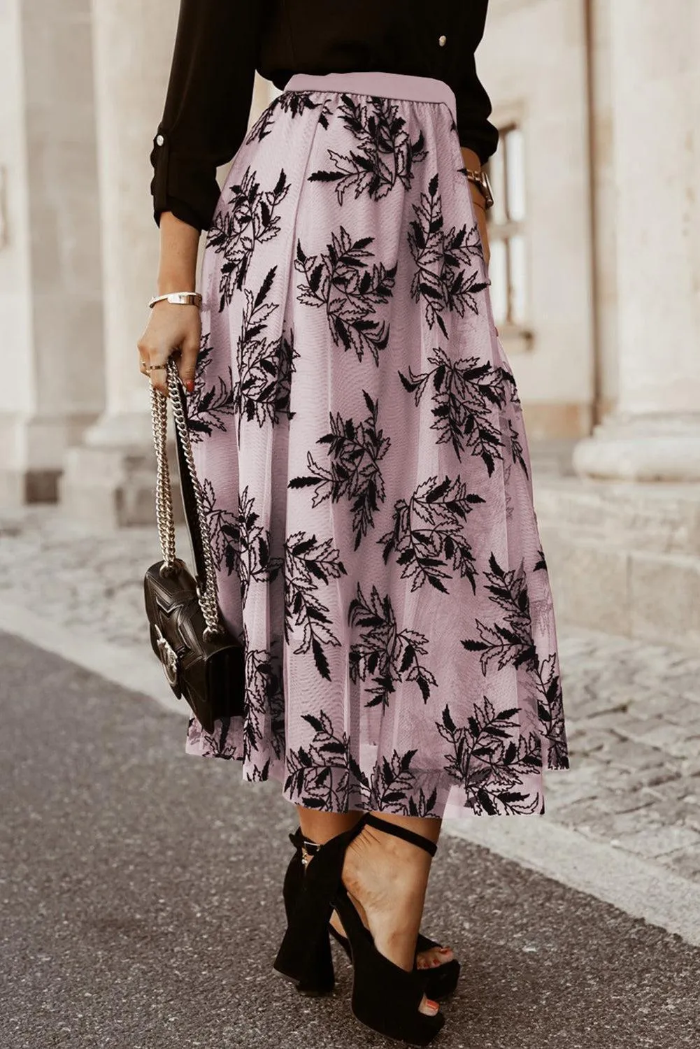 Leaf Embroidered High Waist A Line Maxi Skirt