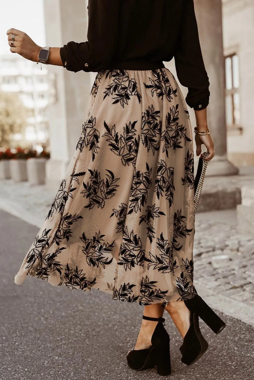 Leaf Embroidered High Waist A Line Maxi Skirt