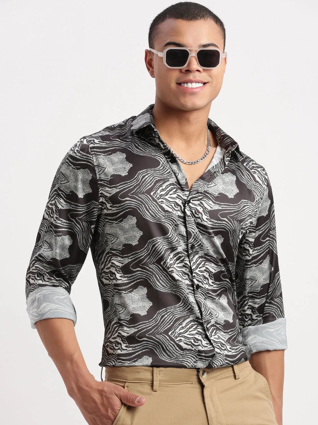 Men Graphic Black Party Shirt