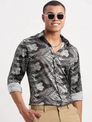 Men Graphic Black Party Shirt