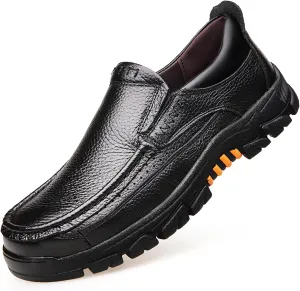 Men's Leather Slip On Casual Loafers with Arch Support Round Toe Comfortable Soft Bottom Orthopedic Walking Shoes Lightweight Non Slip Driving Sports Shoes