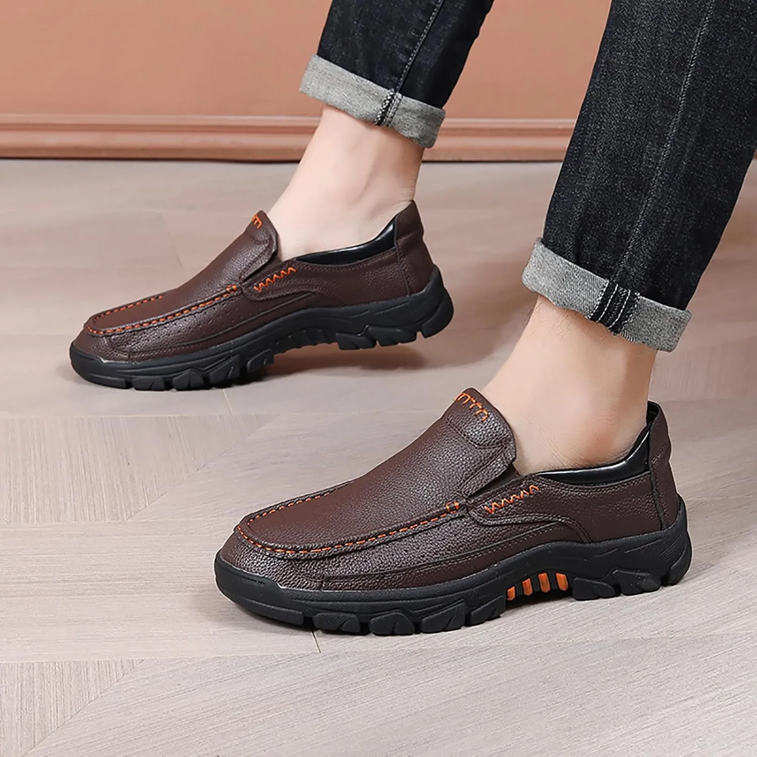 Men's Leather Slip On Casual Loafers with Arch Support Round Toe Comfortable Soft Bottom Orthopedic Walking Shoes Lightweight Non Slip Driving Sports Shoes