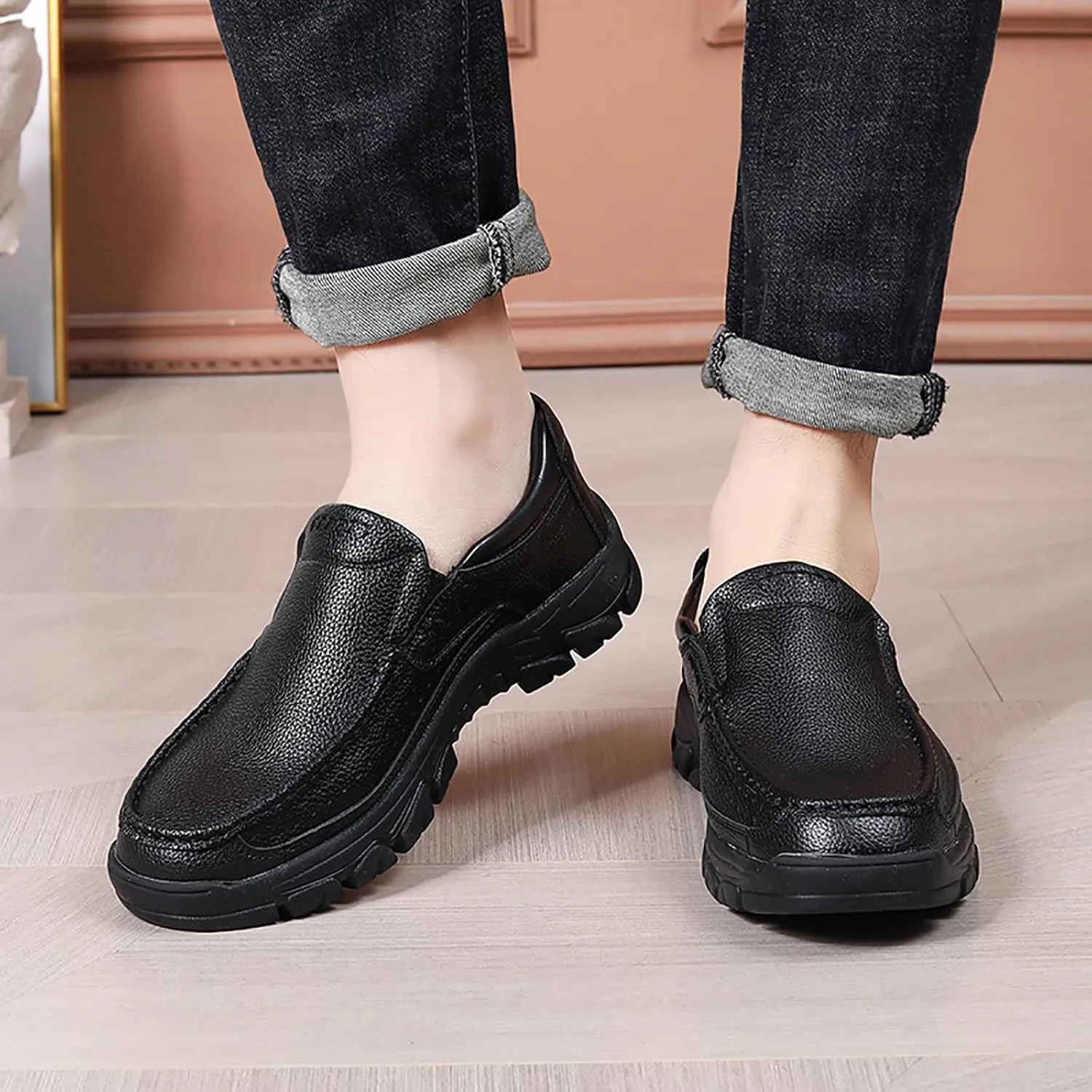 Men's Leather Slip On Casual Loafers with Arch Support Round Toe Comfortable Soft Bottom Orthopedic Walking Shoes Lightweight Non Slip Driving Sports Shoes