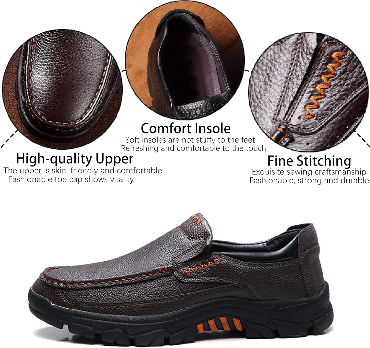 Men's Leather Slip On Casual Loafers with Arch Support Round Toe Comfortable Soft Bottom Orthopedic Walking Shoes Lightweight Non Slip Driving Sports Shoes