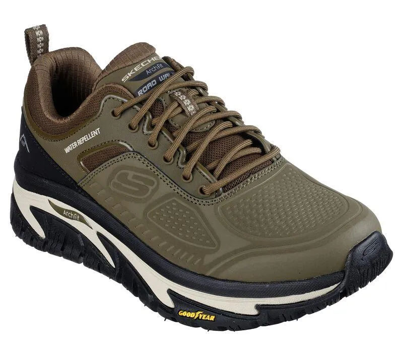Men's Wide Fit Skechers 237333 Relaxed Fit Road Walker Recon Good Year Trainers - Olive/Black