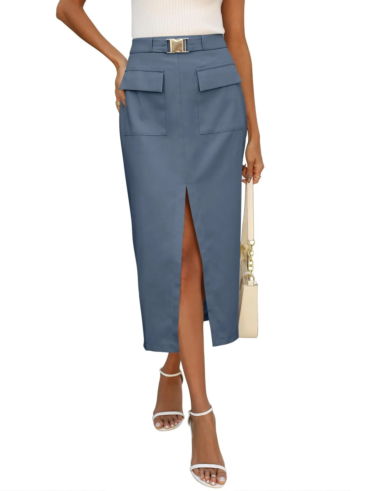 MEROKEETY High Waisted Y2k Cargo Belted Split Maxi Skirt