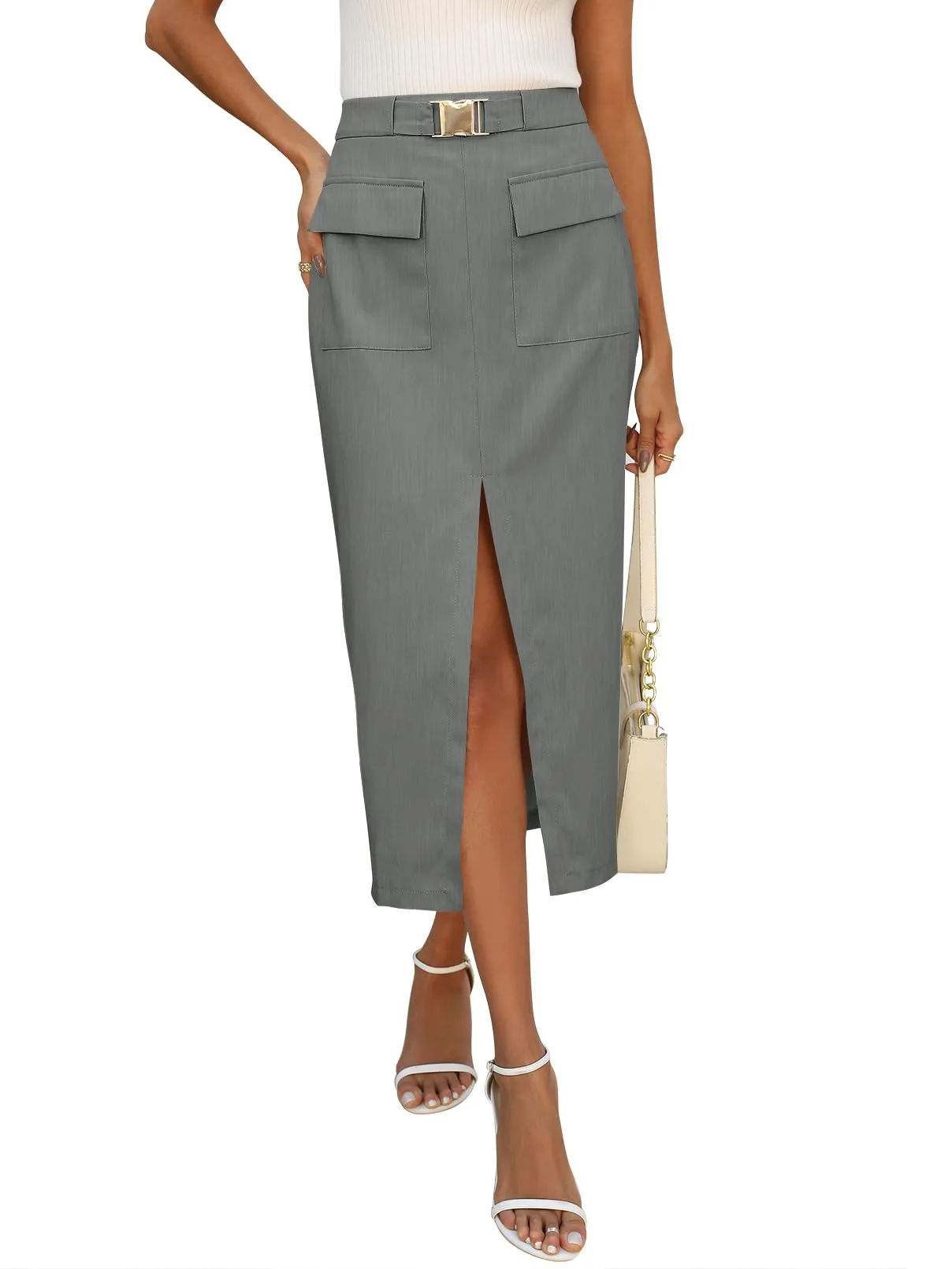 MEROKEETY High Waisted Y2k Cargo Belted Split Maxi Skirt