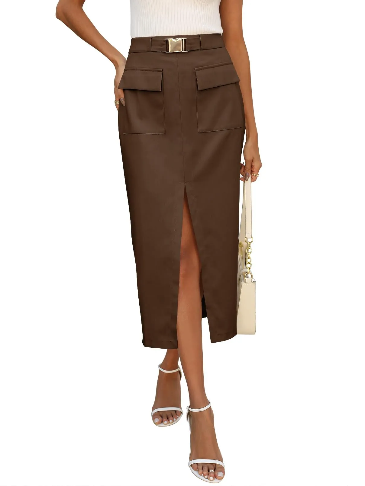 MEROKEETY High Waisted Y2k Cargo Belted Split Maxi Skirt
