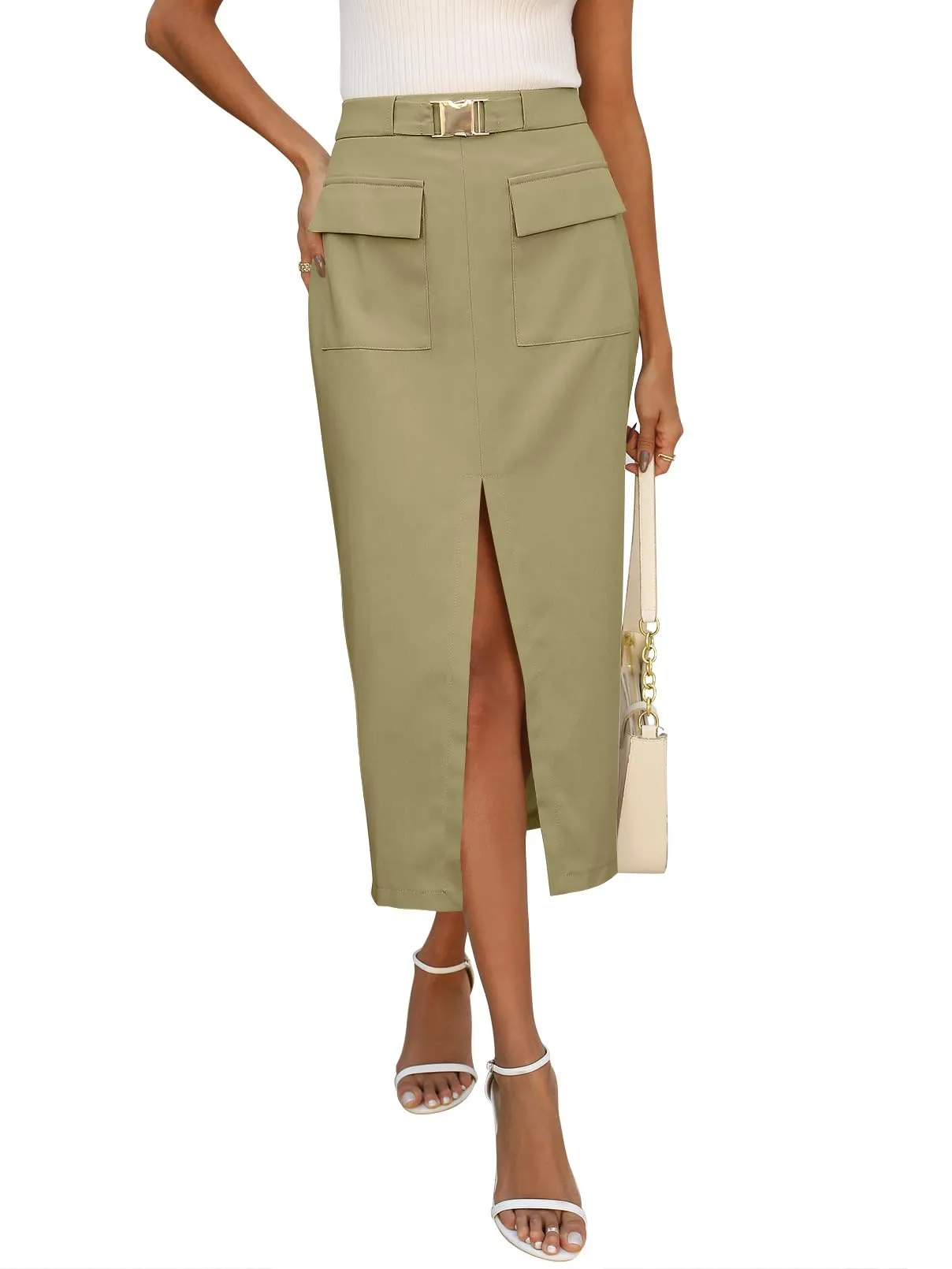 MEROKEETY High Waisted Y2k Cargo Belted Split Maxi Skirt