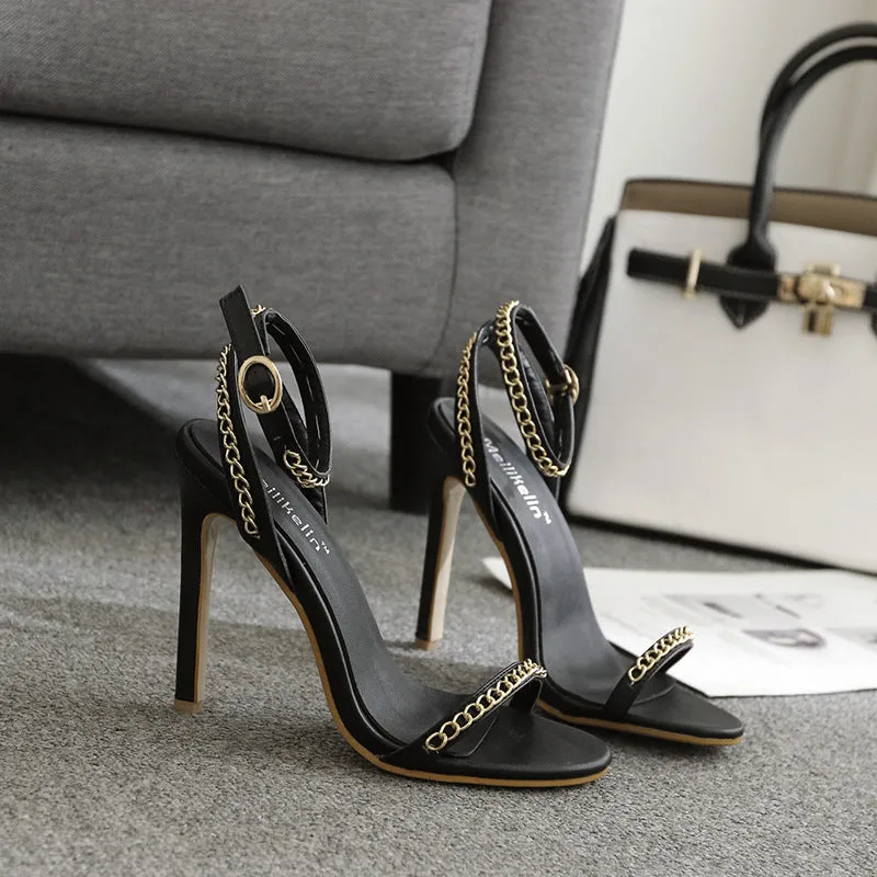 Metal Chain Stiletto Heel Open-toe Ankle Strap High Heel Simple Sandals