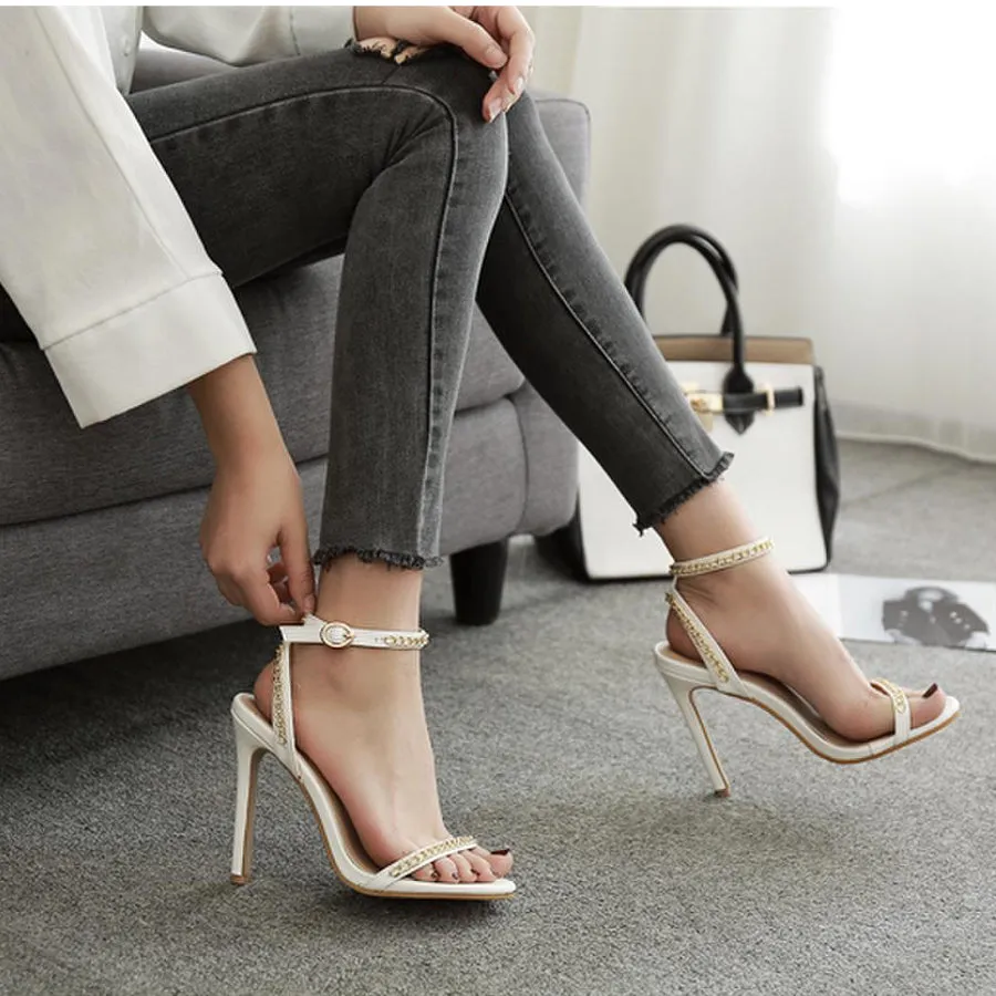 Metal Chain Stiletto Heel Open-toe Ankle Strap High Heel Simple Sandals