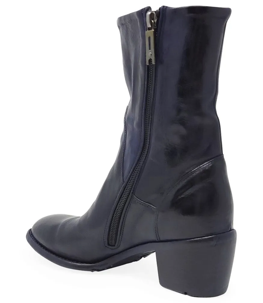 Navy Leather Mid Calf Boot