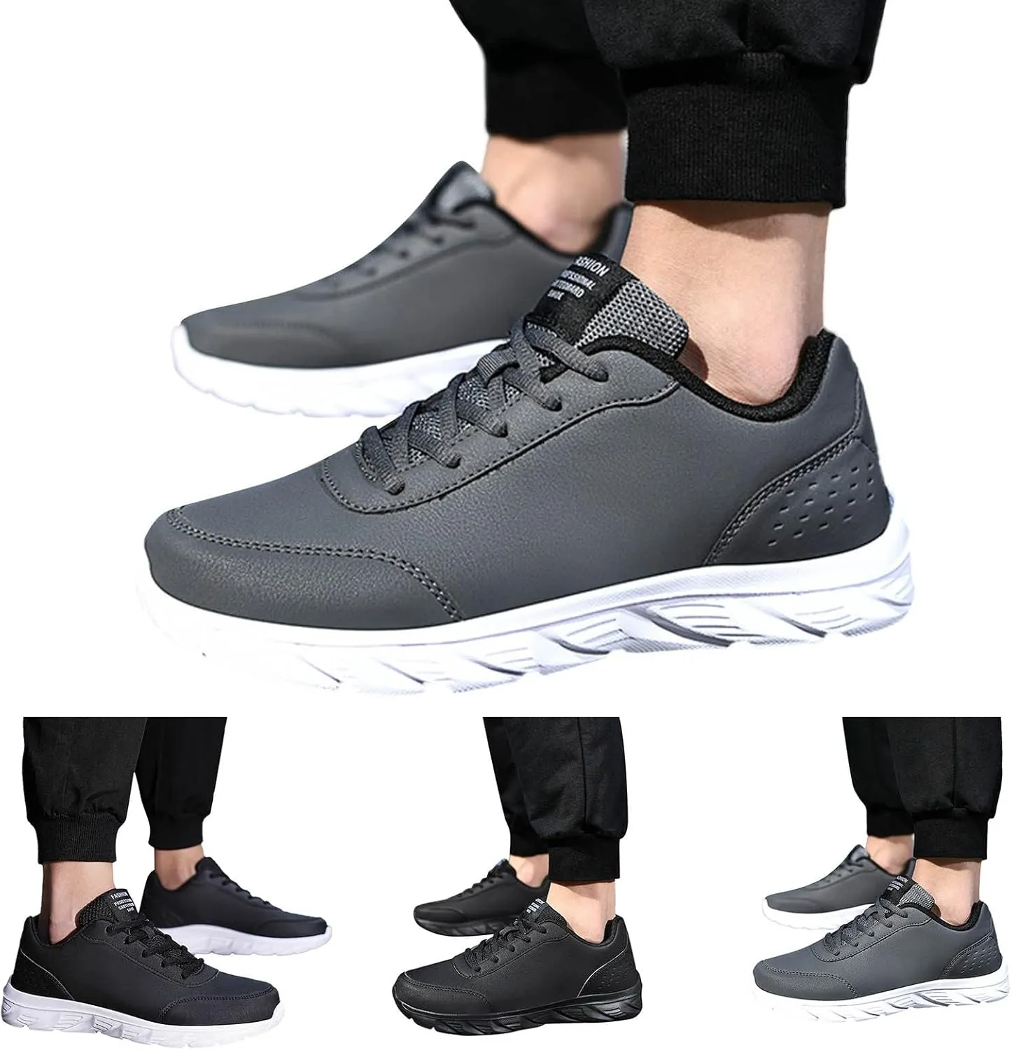 Non Slip Work Shoes for Men Comfortable Breathable Slip On Tennis Sneakers Lace Up Breathable Lightweight Leather Sneakers