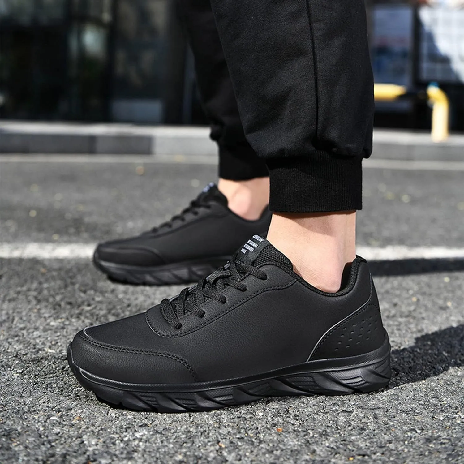 Non Slip Work Shoes for Men Comfortable Breathable Slip On Tennis Sneakers Lace Up Breathable Lightweight Leather Sneakers