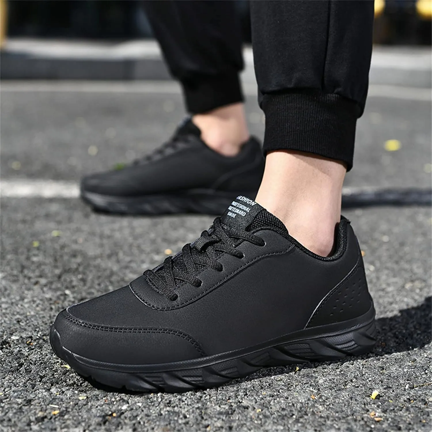 Non Slip Work Shoes for Men Comfortable Breathable Slip On Tennis Sneakers Lace Up Breathable Lightweight Leather Sneakers