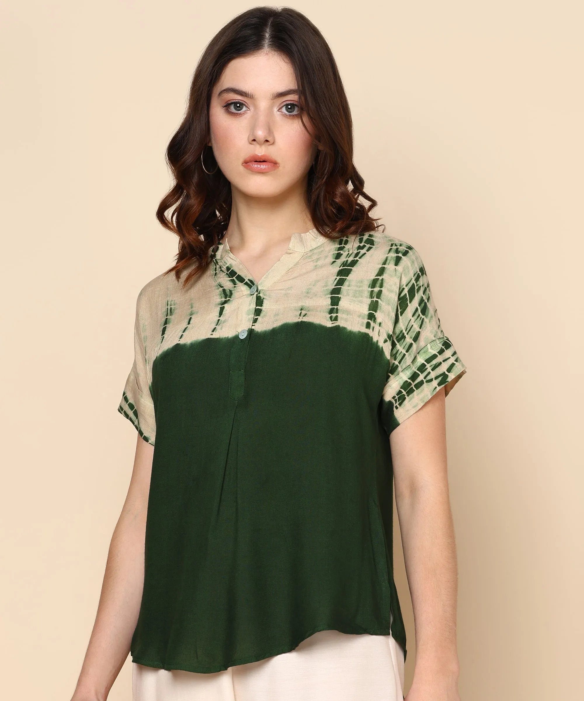 Ombre Dyed Olive Green Rayon Regular Top