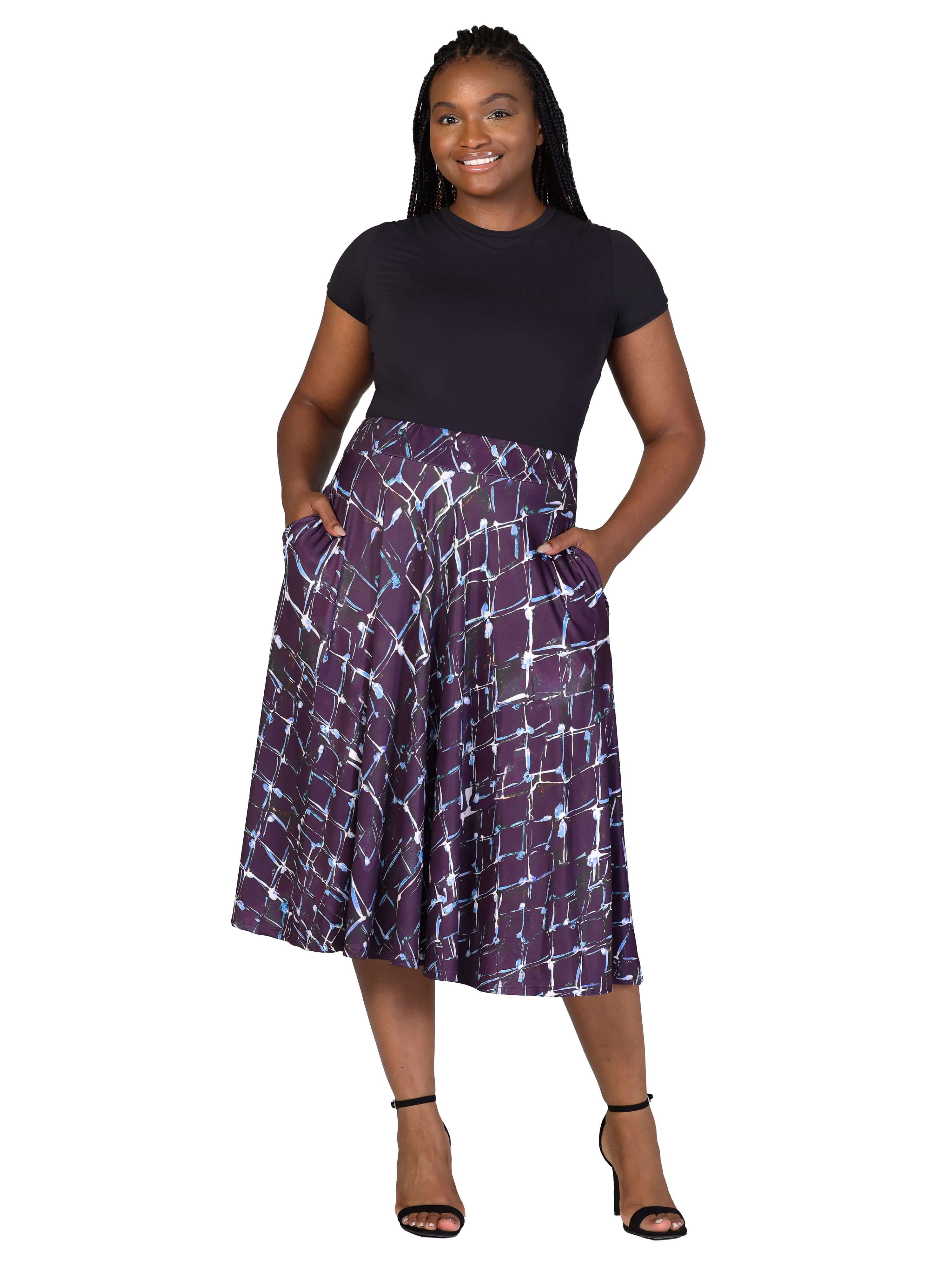 Plus Size Purple Print Elastic Waist Pocket Midi Skirt