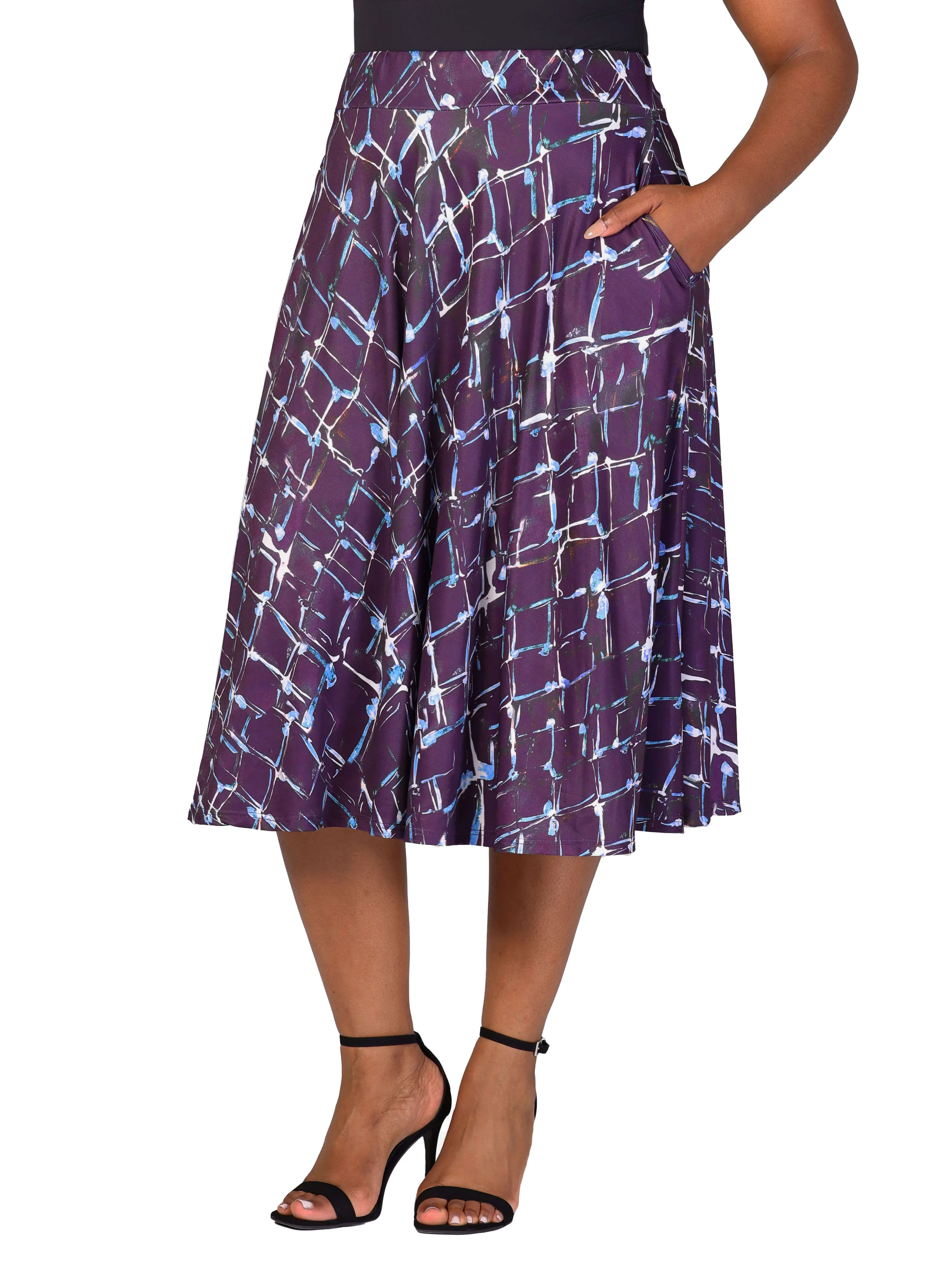 Plus Size Purple Print Elastic Waist Pocket Midi Skirt
