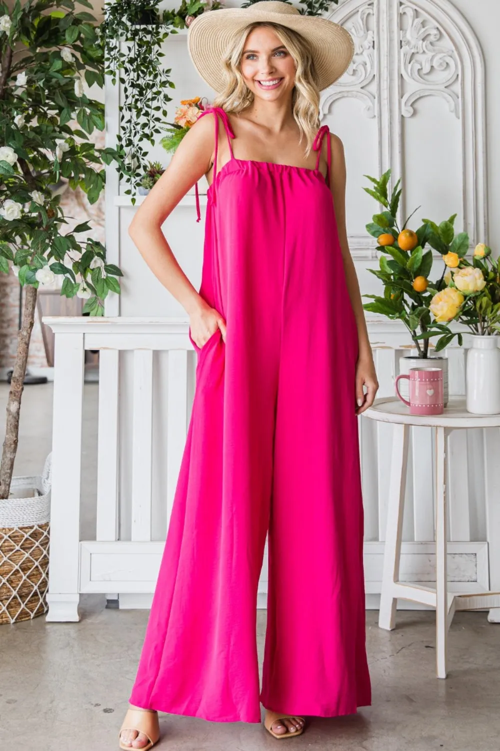 Pocketed Spaghetti Strap Wide Leg Jumpsuit