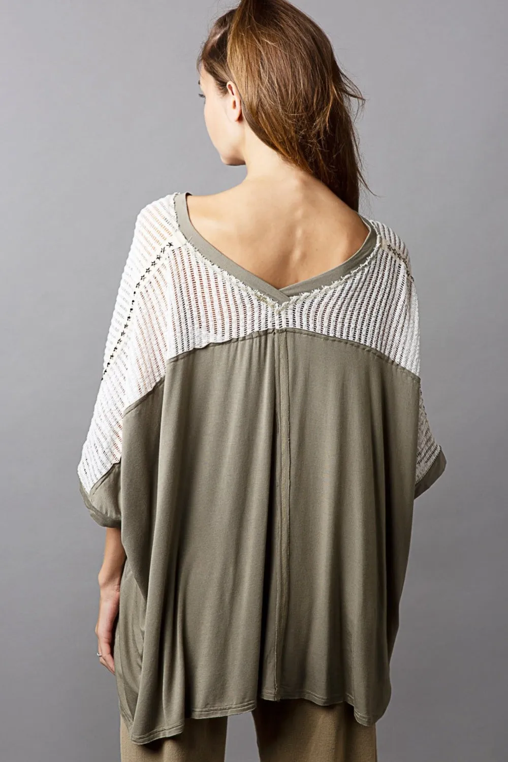 POL Boho Oversize V-Neck Crochet Lace Contrast Studded Top