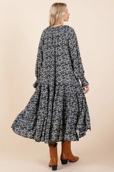 Printed Tie Neck Flounce Sleeve Midi Dress