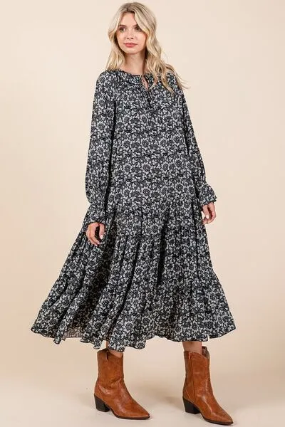 Printed Tie Neck Flounce Sleeve Midi Dress