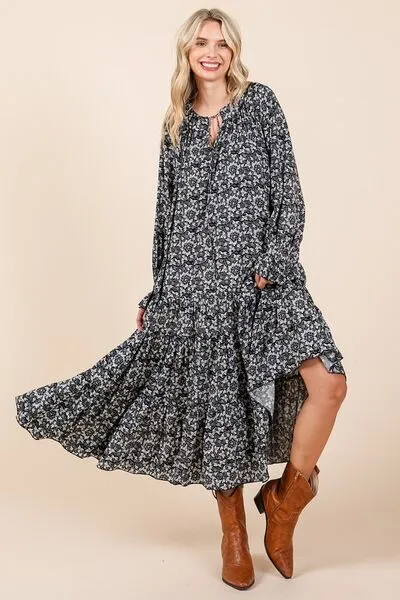 Printed Tie Neck Flounce Sleeve Midi Dress