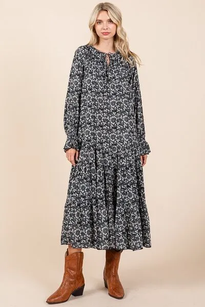 Printed Tie Neck Flounce Sleeve Midi Dress