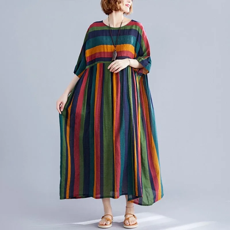 Retro Rainbow Striped Loose Dress