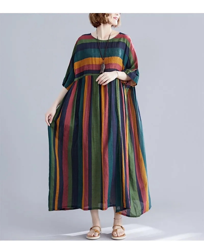 Retro Rainbow Striped Loose Dress