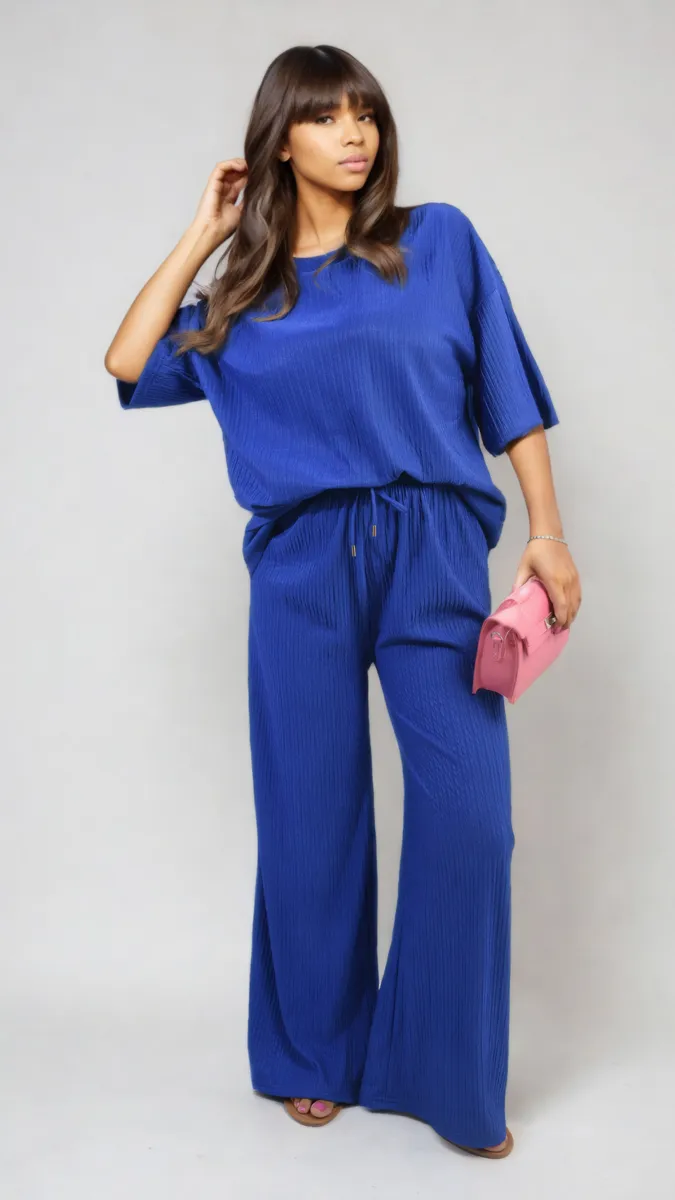 Ribbed Oversized Top and Drawstring Wide Leg Trouser Co-ord Set