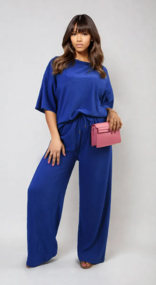 Ribbed Oversized Top and Drawstring Wide Leg Trouser Co-ord Set