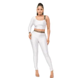 Sandy One Sleeve Band Trim Top And Leggins Set-White