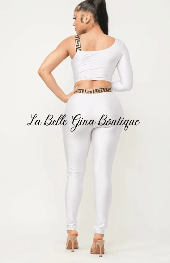 Sandy One Sleeve Band Trim Top And Leggins Set-White